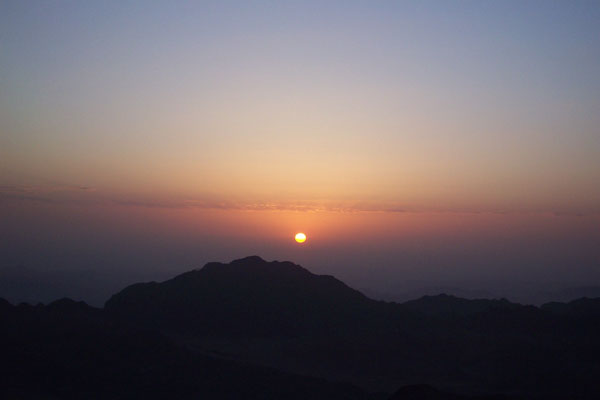 Sunrise at Mount Sinai in Egypt. It was in this region that God revealed himself to Moses and showed his love and grace with the statement "I am the Lord your God, who brought you out of Egypt and the slavery" in Exodus 20:2.